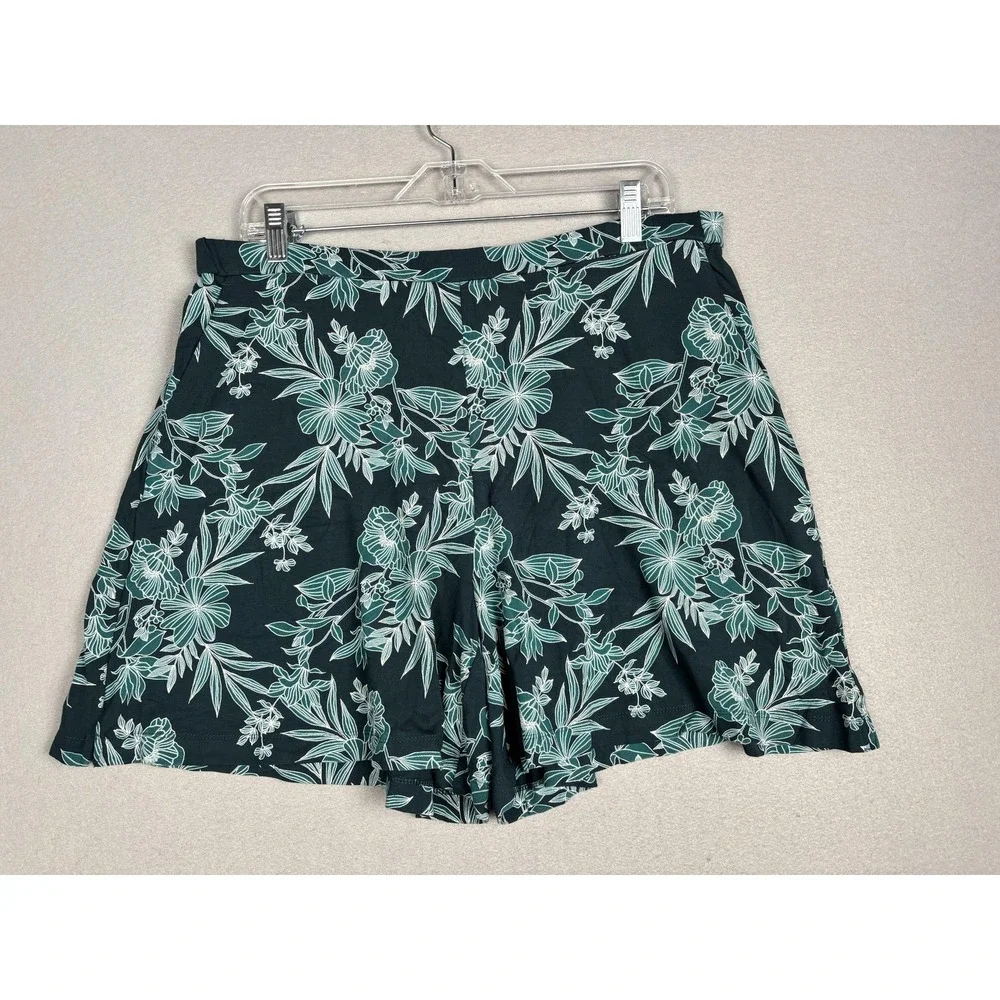 J Jill Wearever Shorts Womens Large Teal Floral Pull On Wide Leg Rayon Print